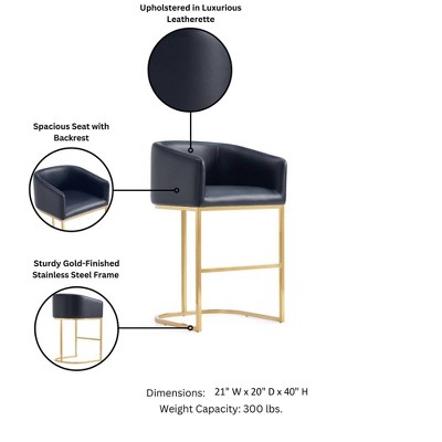 Set of 2 Black Leather and Gold Metal Barstools