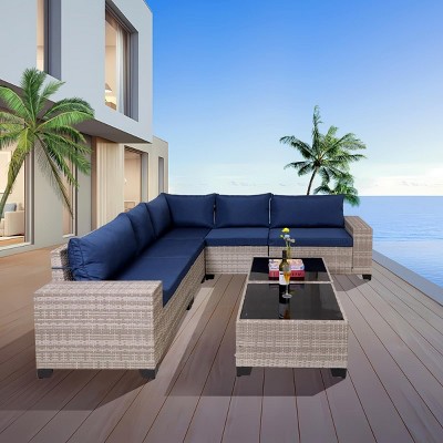 Modern 7 Piece Outdoor Patio Furniture Set with Cushion,5 Outdoor Patio Wicker Rattan Sectional Sofa and 2 Glass Top Coffee Table-Coolbibila