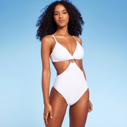 Women s Ring Front Monokini One Piece Swimsuit Shade Shore White XS