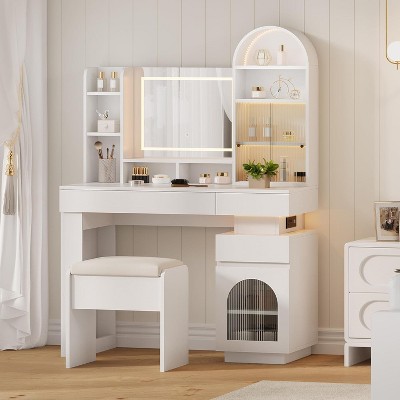 Arched Vanity Desk with Mirror - 3 Drawers & 11 Shelves, Makeup Table w/ Outlet & Stool for Bedroom
