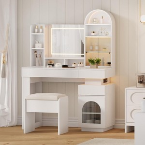 Arched Vanity Desk with Mirror - 3 Drawers & 11 Shelves, Makeup Table w/ Outlet & Stool for Bedroom - 1 of 4