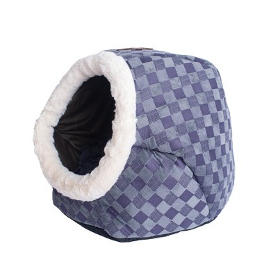 Blue Checkered Waterproof Velvet Cat Bed with Poly Fill