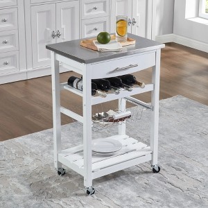 Wooakway 33.5"H Indoor Kitchen Island Trolley Serving Cart with Stainless Steel Marble Top Underneath Drawer Basket Wine Rack Lockable Casters - 1 of 4