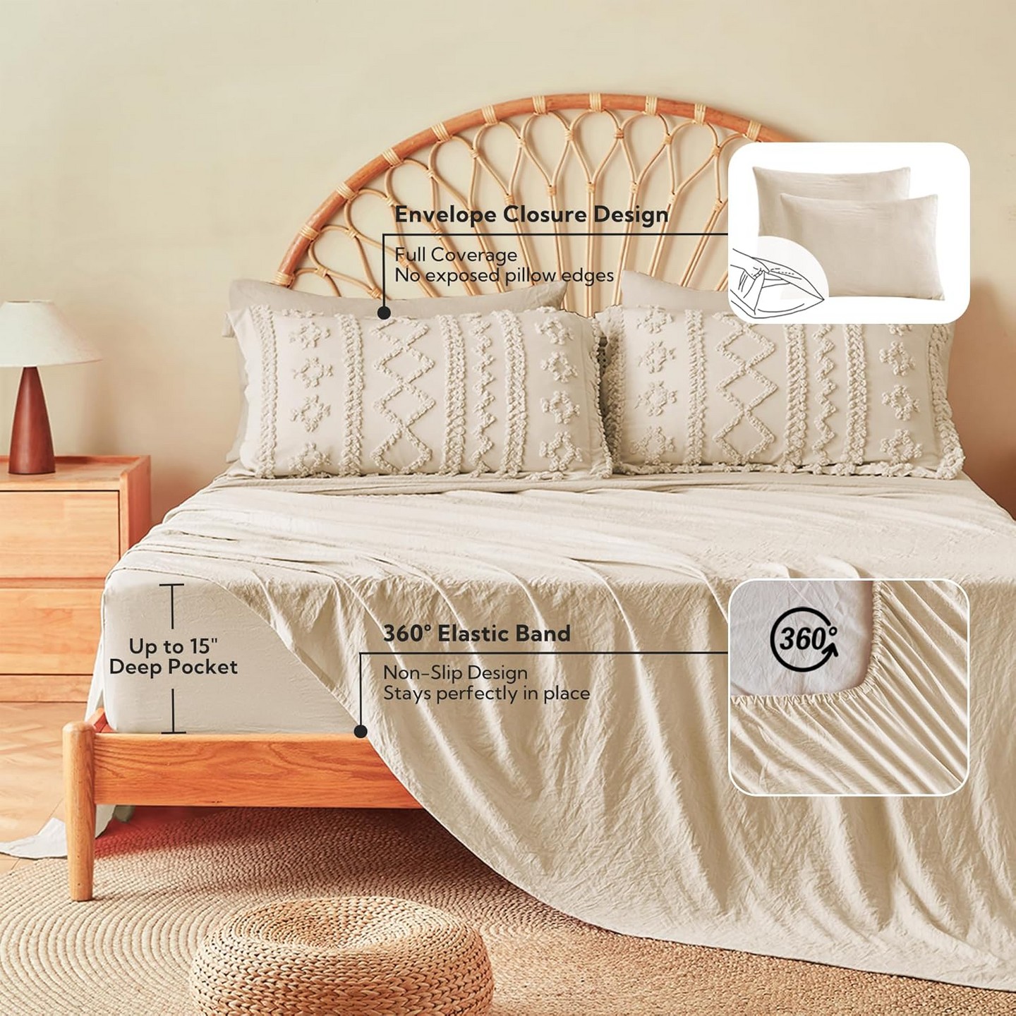 Постельное бельё Der Rose Balham TRADE-Queen Comforter Set Tufted Boho Farmhouse 7 Piece Bed in a Bag for All Seasons Beige-Queen, цвет: Бежевый — фото 8