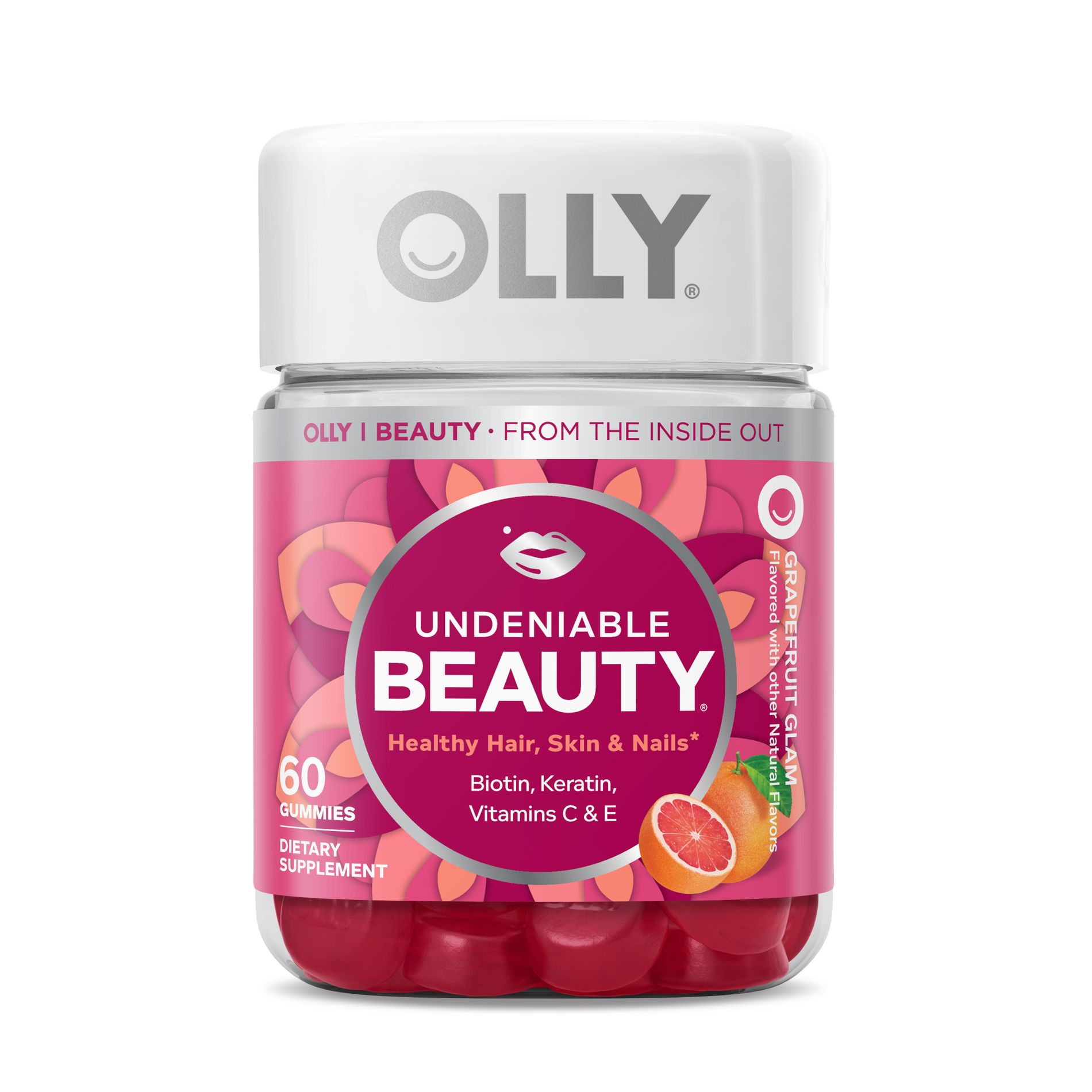 OLLY Undeniable Beauty Multivitamin Gummies for Hair Skin & Nails with Biotin, Keratin, Vitamins C & E - Grapefruit Glam - 60ct