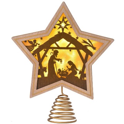 Aoibox Christmas Tree Topper Nativity Scene LED Light Up Ornament for Holiday Xmas New Year Indoor Office Tree 1 Piece 7.87 x 9.25 Inch Brown