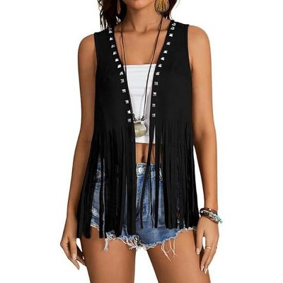 Women's Vest Fringe Trimmed Studded Sleeveless Vest