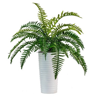 36" Artificial Ribbed Metal Planter Fern in Black or White - LCG Florals: Indoor Faux Floor Plant Decor