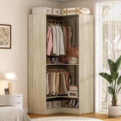 Besiost Freestanding Corner Closet System with 2 Hanging Rods and Shoes Shelf