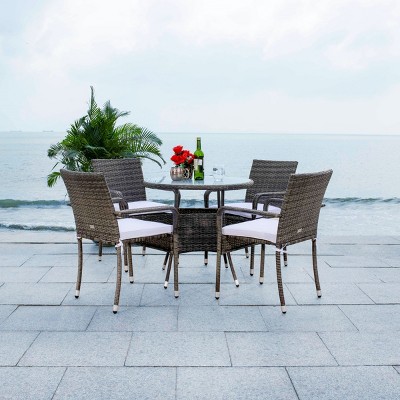 Gray Brown Wicker 4-Person Outdoor Dining Set with White Cushions