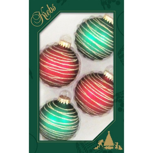 Christmas by Krebs Decorated Glass Christmas Tree Ornaments - Red Velvet & Green Velvet with Tangles [4 Count]