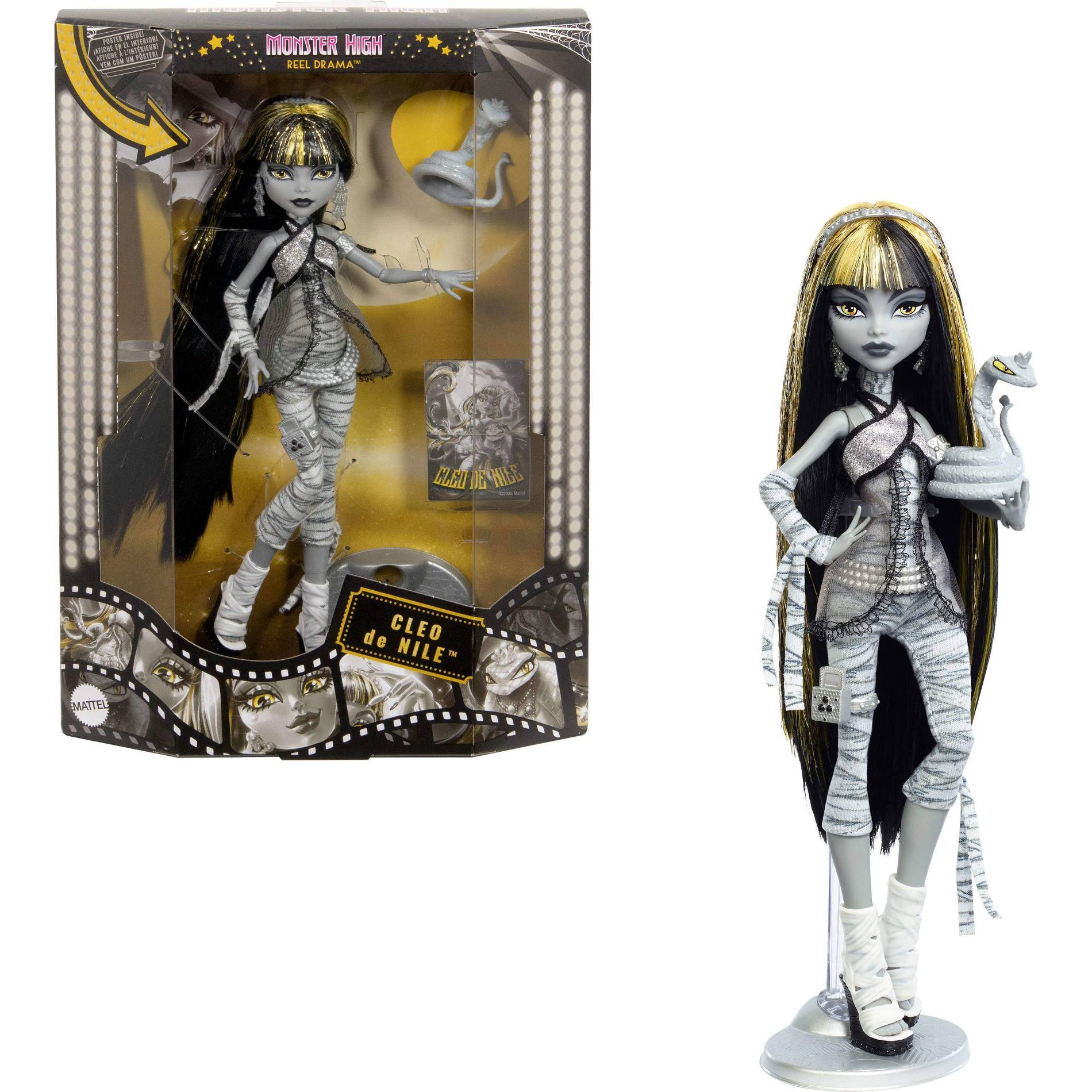 Monster High 11.25" Reel Drama Doll with Posters, Cleo De Nile in Black and White