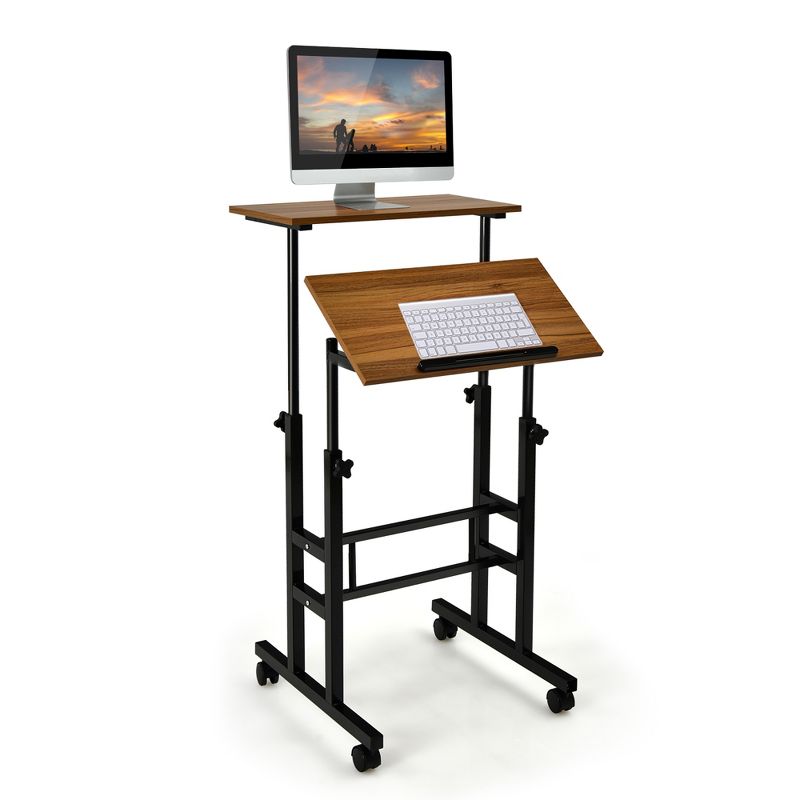 Costway Mobile Standing Desk Rolling Adjustable Laptop Cart Home Office Walnut\Natural, 1 of 11