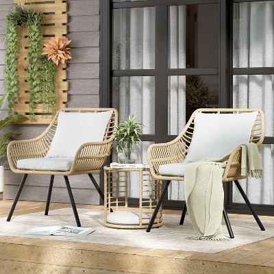 PAKASEPT 3Pcs Patio Bistro Set Round Table Chairs, Wicker Patio Furniture, Patio Furniture with Glass Top Coffee Table for Lawn, Garden, Backyard