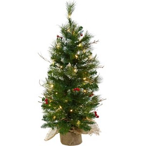 Nearly Natural 3-ft Christmas Tree with Clear Lights Berries & Burlap Bag - 1 of 3