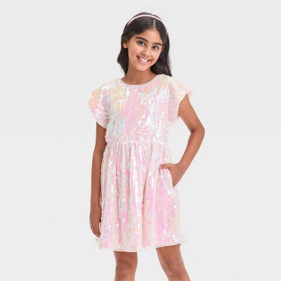 Girls' Short Sleeve Sequin Dress - Cat & Jack™ Peach Pink