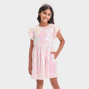 Girls' Short Sleeve Sequin Dress - Cat & Jack™ Peach Pink - 1 of 3