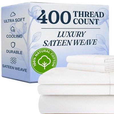 100% Cotton 400 Thread Count 4 Piece Sheet Set - Soft & Cozy Sateen Bed Sheets - CGK Linens