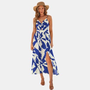Women's Blue and White Abstract Floral Print Maxi Dress with Side Slit - Cupshe - 1 of 4