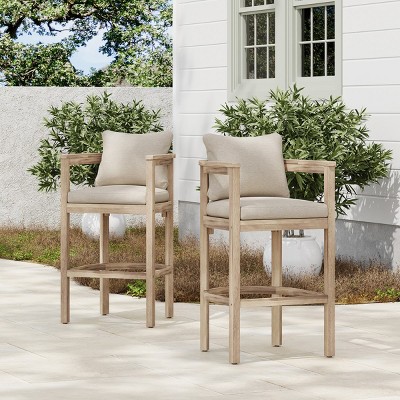 Set of 2 Outdoor Wood Bar Stools with Cushions,Acacia Wood Bar Stools with Arms and Back,Patio Bar Stools for Garden or Balcony-Coolbibila