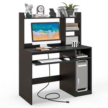 Tangkula Computer Desk w/ Charging Station 43.5” Gaming Table Workstation w/ Keyboard Tray CPU Stand & Storage Shelves White/Black