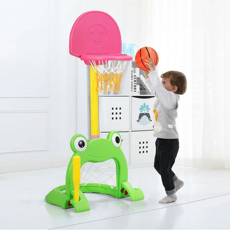 Costway 3-in-1 Kids Basketball Hoop Set Adjustable Sports Activity Center w/Balls Green and Pink, 5 of 11