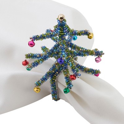 Blue Beaded Christmas Tree Napkin Rings Set of 4