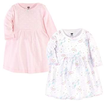 Hudson Baby Infant and Toddler Girl Cotton Long-Sleeve Dresses 2pk, Glitter Unicorn