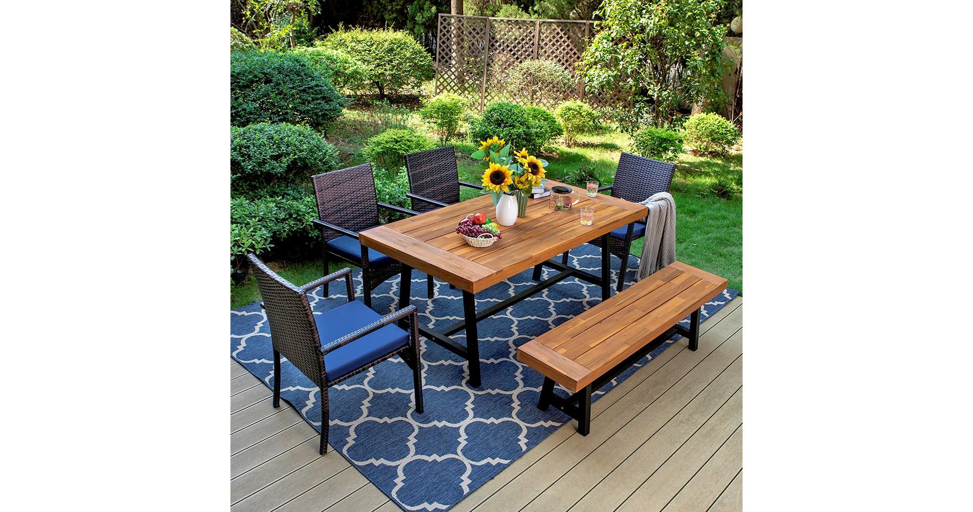 Captiva Designs 6Pc Patio Dining Oil Finished Tabletop Acacia Wood Table & Rattan Chairs & Backless Acacia Wood Bench