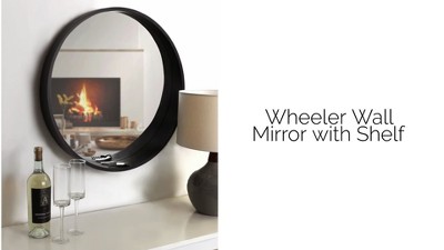 Black Round Wood Framed Wall Mirror with Shelf