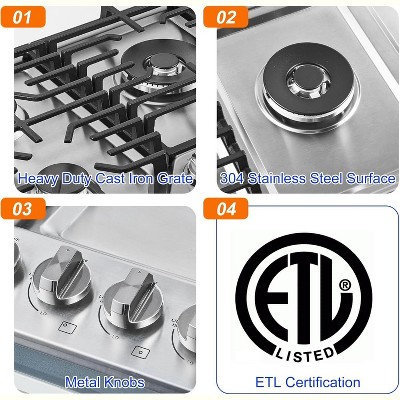 36-inch Stainless Steel Gas Cooktop with 5 Power Burners