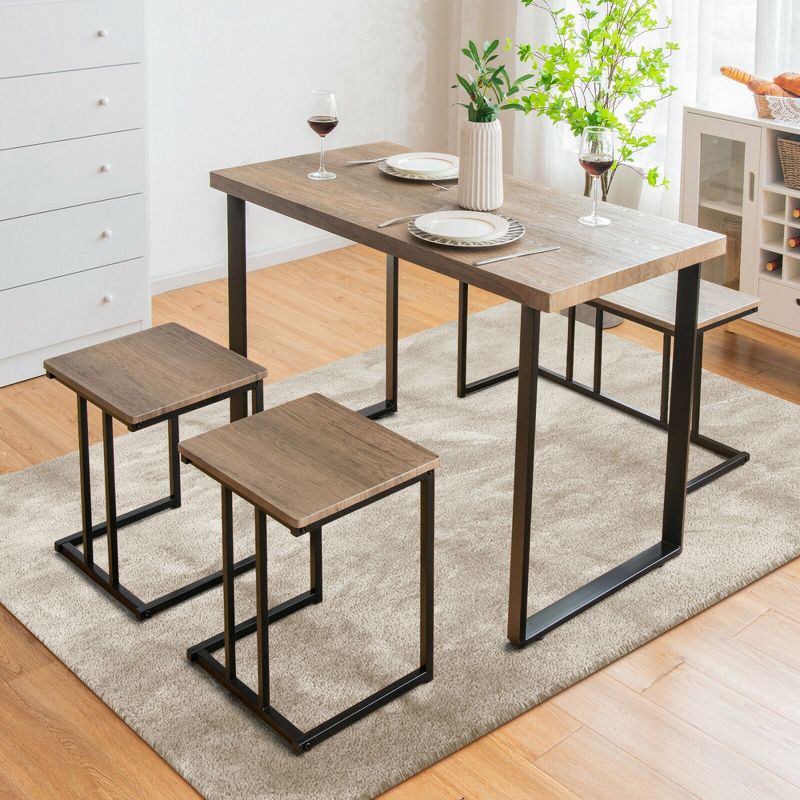 Costway 4-Piece Dining Table Set Industrial Dinette Set Kitchen Table w/Bench & 2 Stools, 3 of 11