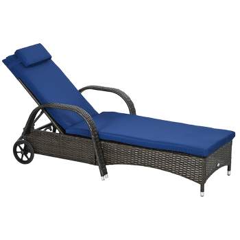 Outsunny Patio Wicker Chaise Lounge, PE Rattan Outdoor Lounge Chair with Cushion, Height Adjustable Backrest & Wheels, Dark Blue