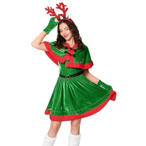 Costume for Women Santa Christmas Costume Velvet Dress Outfit with Belt Shawl Gloves Headband - 1 of 4