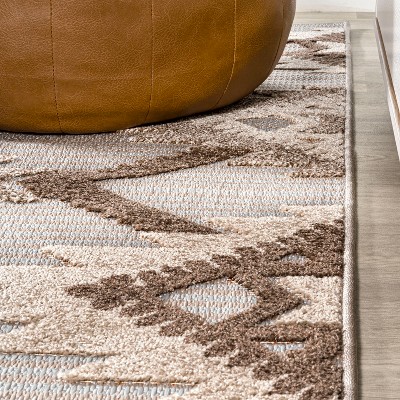 Ivory and Brown Geometric Synthetic 4' x 6' Indoor/Outdoor Rug