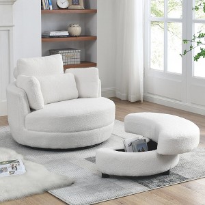 39"W Swivel Chair With Moon Storage Ottoman, 4 Pillows Modern Accent Round Swivel Oversized Barrel Chairs, Armchair - 1 of 4