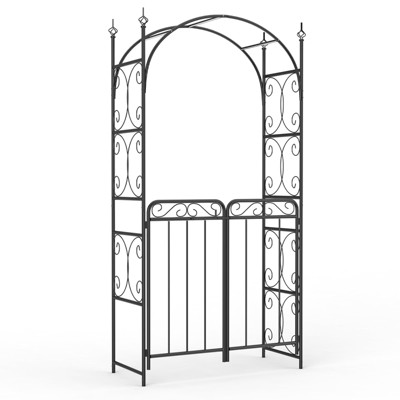 GustoWave 95"H Garden Arch Arbor with Gate, Metal Arch Trellis, Garden Archway for Climbing Vines, Wedding Decoration, Black