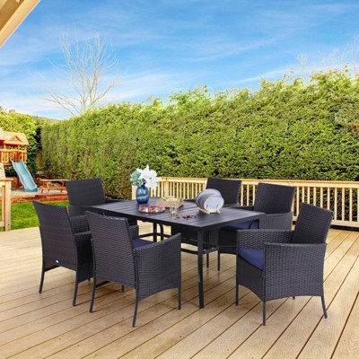 7pc Patio Dining Set with Rectangle Table with 2.6" Umbrella Hole & Rattan Wicker Arm Chairs - Captiva Design