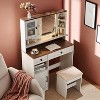 Farmhouse Makeup Vanity Desk with Lighted Mirror and Charging Station,Rustic Dressing Table with Barn Door Style,Storage Drawers,Shelves and Stool - 3 of 4