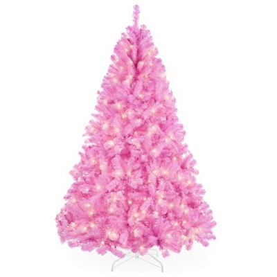 Best Choice Products Pre-Lit Pink Christmas Tree, Artificial Full Holiday Decoration w/ Branch Tips, Incandescent Lights