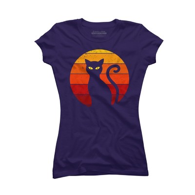 Junior's Design By Humans Vintage Retro Sunset Halloween Black Cat I By lemonpepper T-Shirt