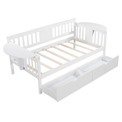 NicBex Twin/Full Size Daybed, Wooden Day Bed With 2 Drawers, Sofa Bed Frame with Foldable Shelves Safety Guardrail