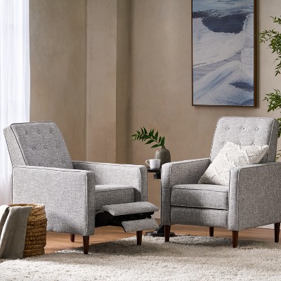 Mid-Century Modern Light Grey Tweed Wood Recliner