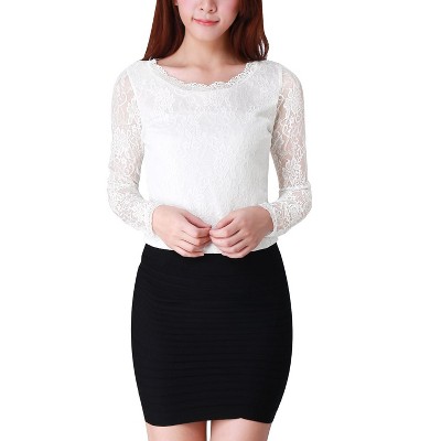 Allegra K Women's Slim Fit Sheer-Long-Sleeves Flower Embroidery Lace Top