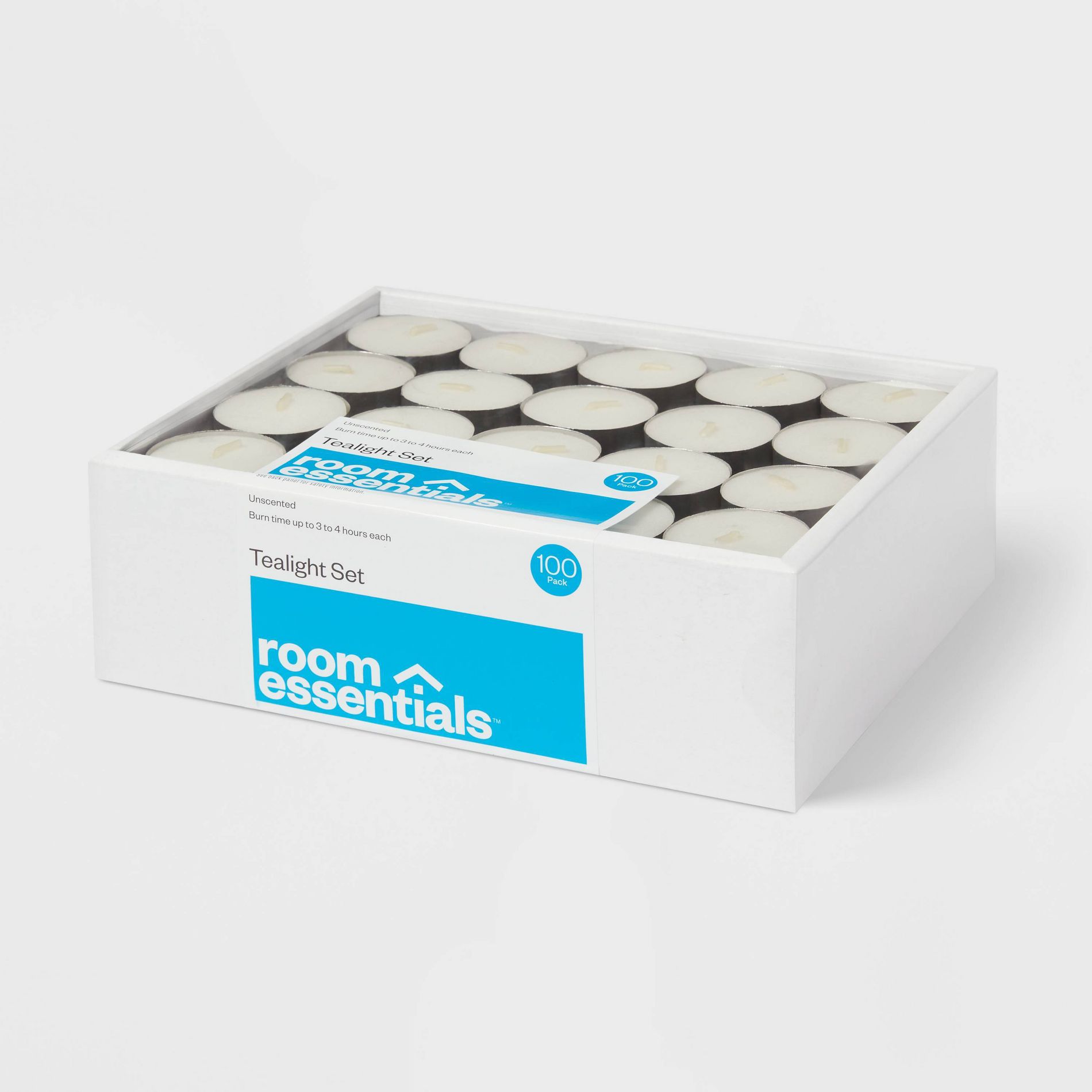 100ct Unscented Tea Lights Candle White - Room Essentials™: Bulk Pack for Candlelit Ambiance, 4hr Burn Time