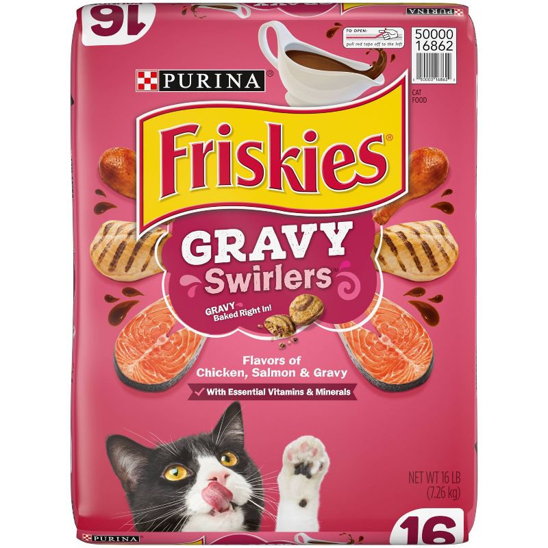 Purina Friskies Gravy Swirlers with Flavors of Chicken, Salmon & Gravy Adult Complete & Balanced Dry Cat Food, 1 of 10