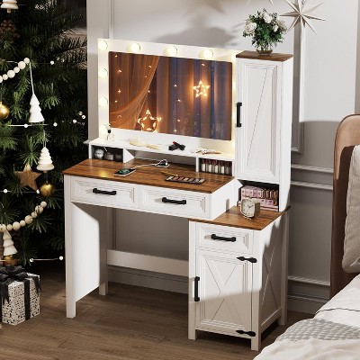 Fredees Makeup Vanity Desk: Mirror, Light, Farmhouse Style, 2 Drawers, Charging Station, 3 Color Lighting Modes, for Girls