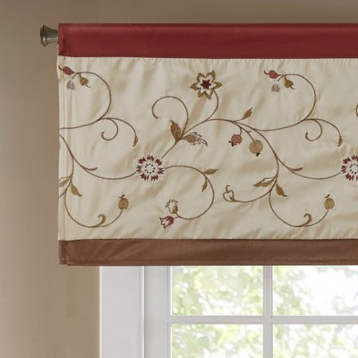 Red and Ivory Floral Embroidered Rod Pocket Valance