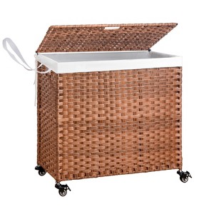 Fontoi Utility Storage Bins, Clothes Hamper with Rattan Frame Wheels, Laundry Basket with Two Removable Bags, Brown, 13.4"*26.4"*27.6" - 1 of 4