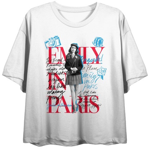 Emily in Paris Sketch Art With Emily and Title Logo Women's White Double  Sided Crop Tee-Small